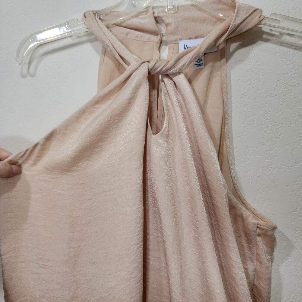 Veronica M Halter Top Small Criss Cross Neck Smocked Waist Satin Gold Beige Tan